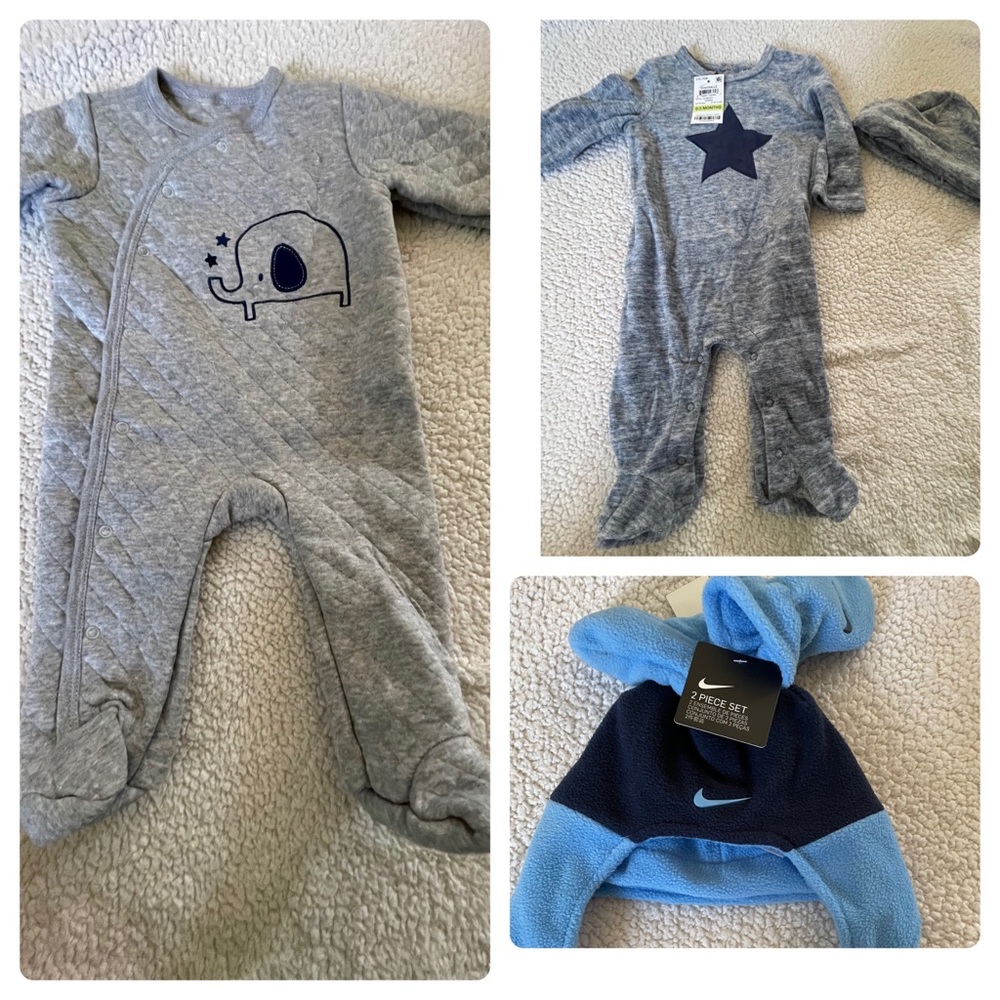 NWT pajama onesies and winter Nike hat and gloves